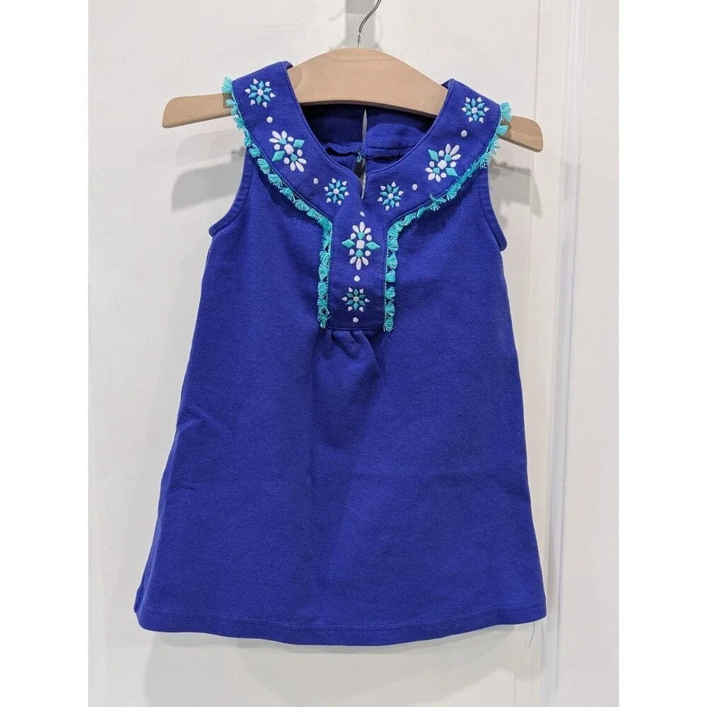 Gymboree Kids Blue Aqua White Embroidery Tank Sleeveless A Line Dress Girls 4 XS